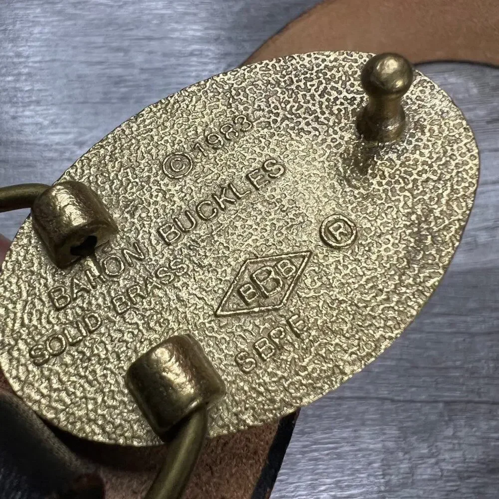 Vintage 80s Leather Brown Black Belt Baron Solid Bass Buckle